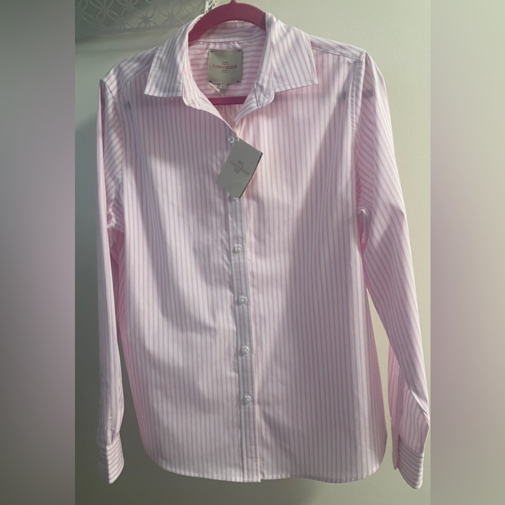 Casa Cabana Women’s White w Pink Stripes Button Down Size Large NWT
